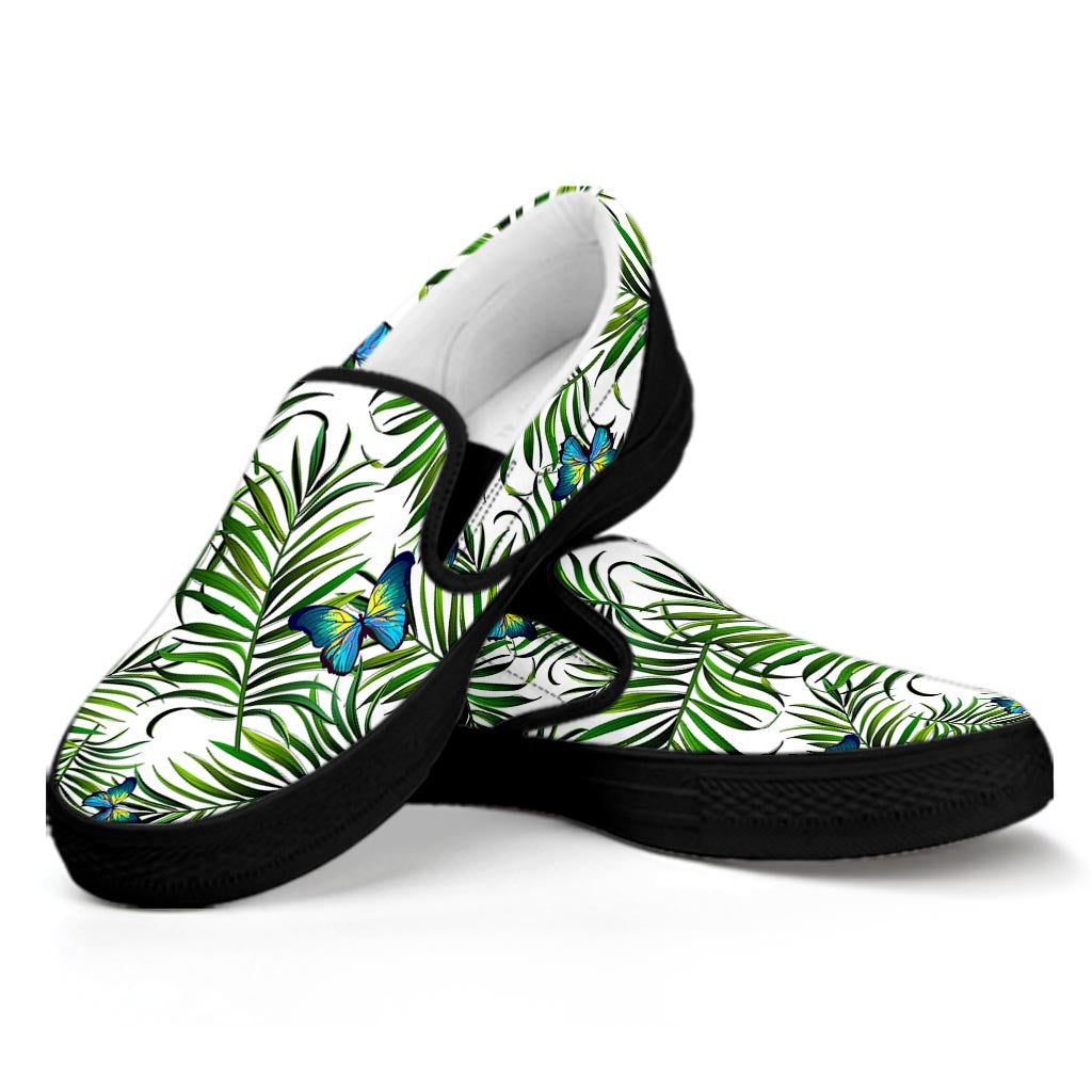 Tropical Butterfly Pattern Print Black Slip On Sneakers