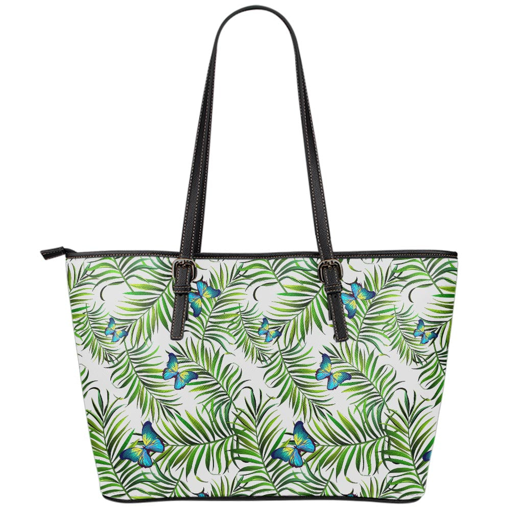 Tropical Butterfly Pattern Print Leather Tote Bag