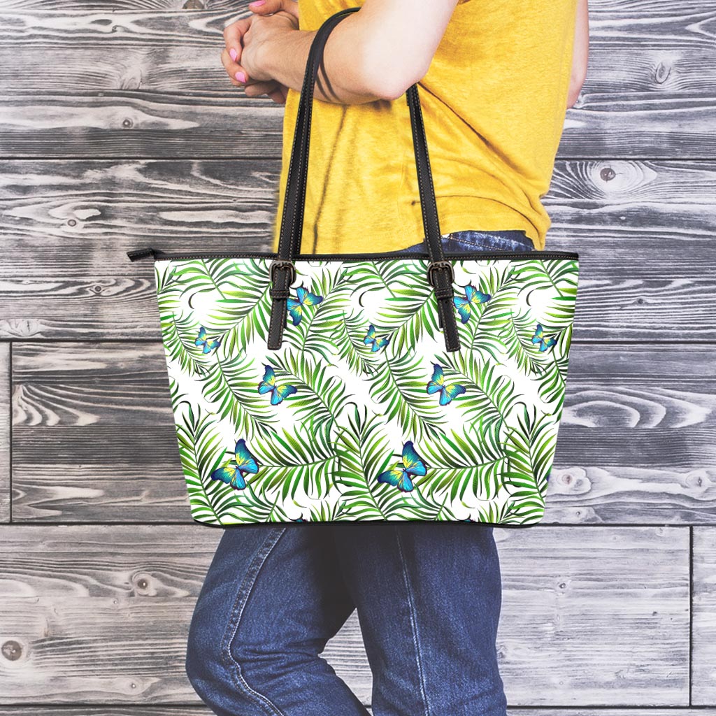 Tropical Butterfly Pattern Print Leather Tote Bag