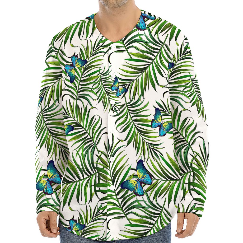 Tropical Butterfly Pattern Print Long Sleeve Baseball Jersey