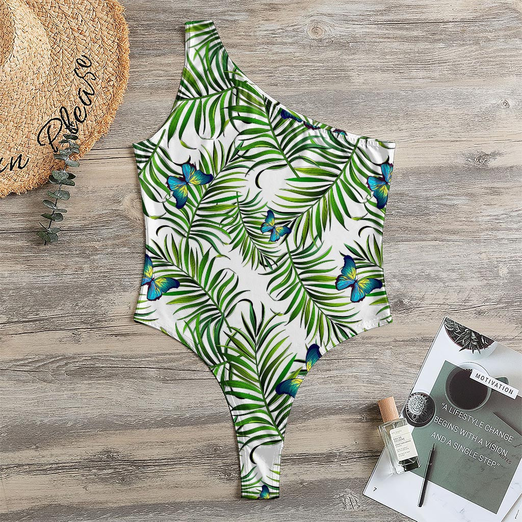 Tropical Butterfly Pattern Print One Shoulder Bodysuit