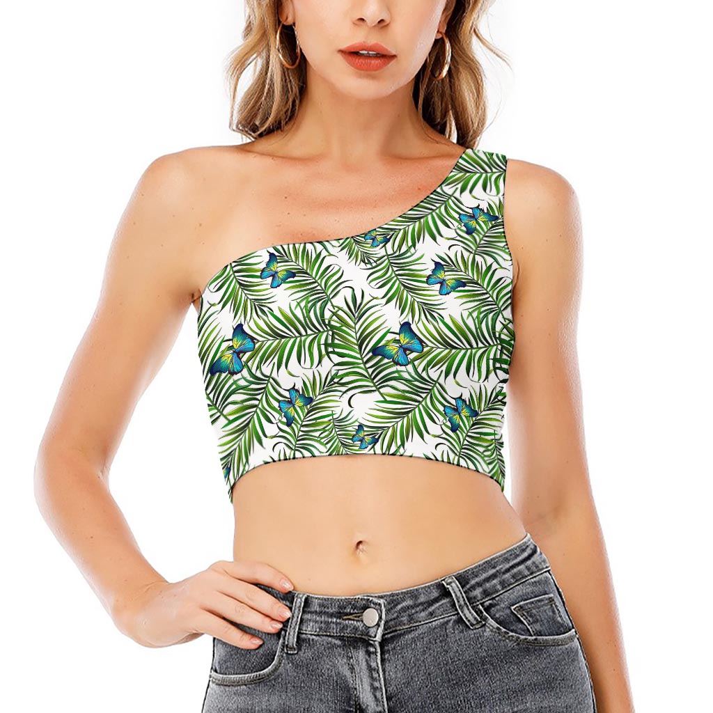 Tropical Butterfly Pattern Print One Shoulder Crop Top