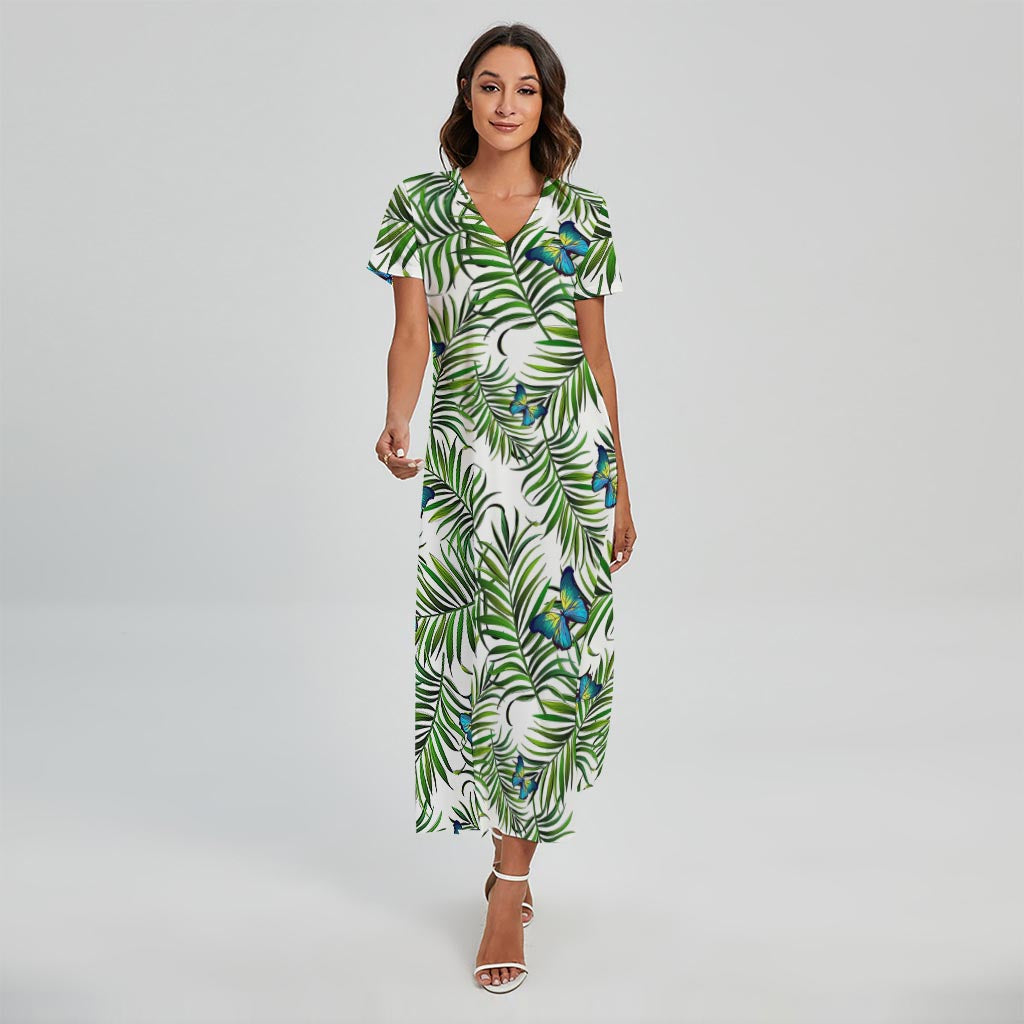 Tropical Butterfly Pattern Print Short Sleeve Maxi Dress