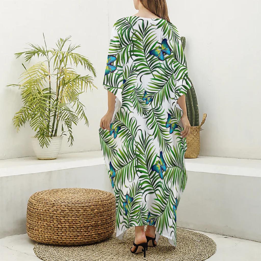 Tropical Butterfly Pattern Print Silk V-Neck Kaftan Dress