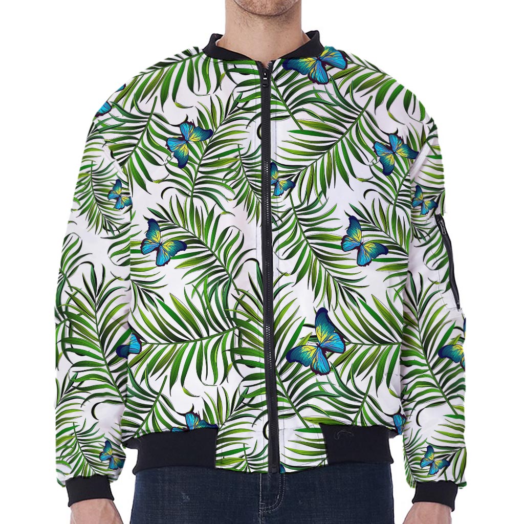 Tropical Butterfly Pattern Print Zip Sleeve Bomber Jacket