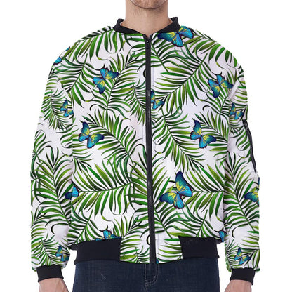 Tropical Butterfly Pattern Print Zip Sleeve Bomber Jacket