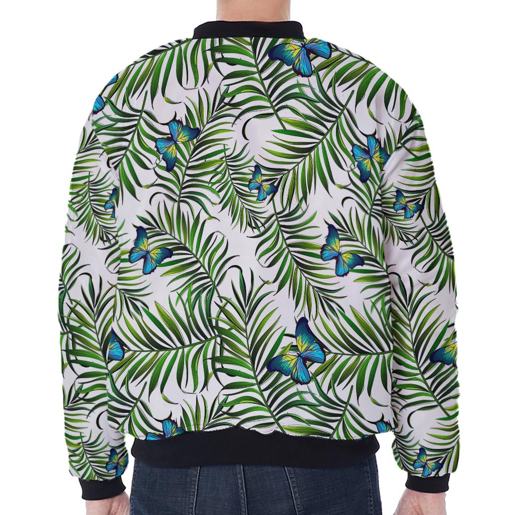 Tropical Butterfly Pattern Print Zip Sleeve Bomber Jacket