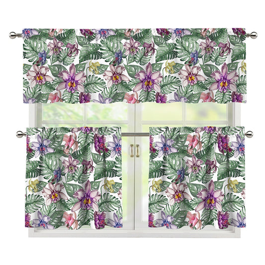 Tropical Cattleya Pattern Print 3 Piece Kitchen Curtains
