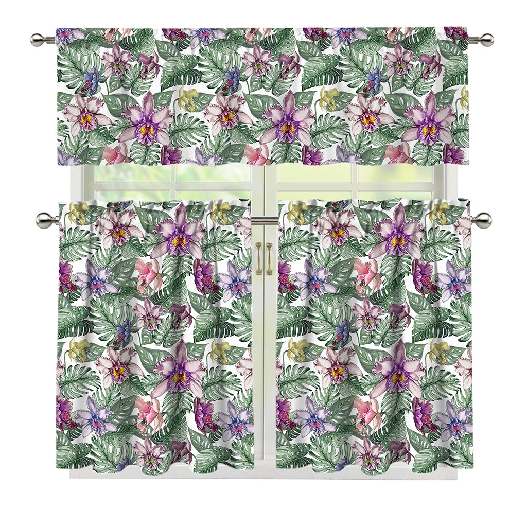 Tropical Cattleya Pattern Print 3 Piece Kitchen Curtains