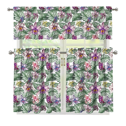 Tropical Cattleya Pattern Print 3 Piece Kitchen Curtains