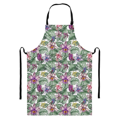 Tropical Cattleya Pattern Print Bib Apron With Pocket