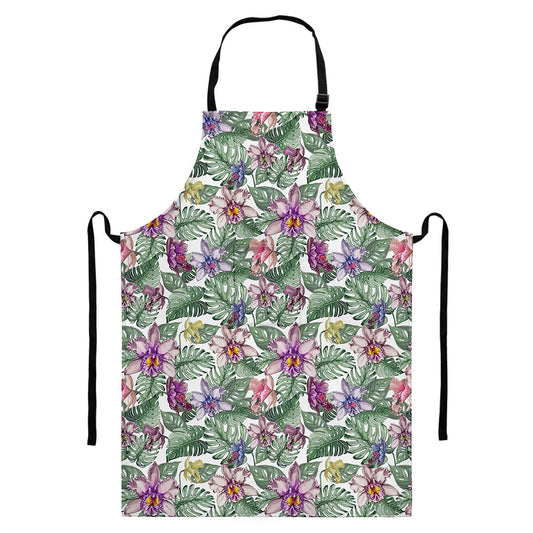 Tropical Cattleya Pattern Print Bib Apron With Pocket