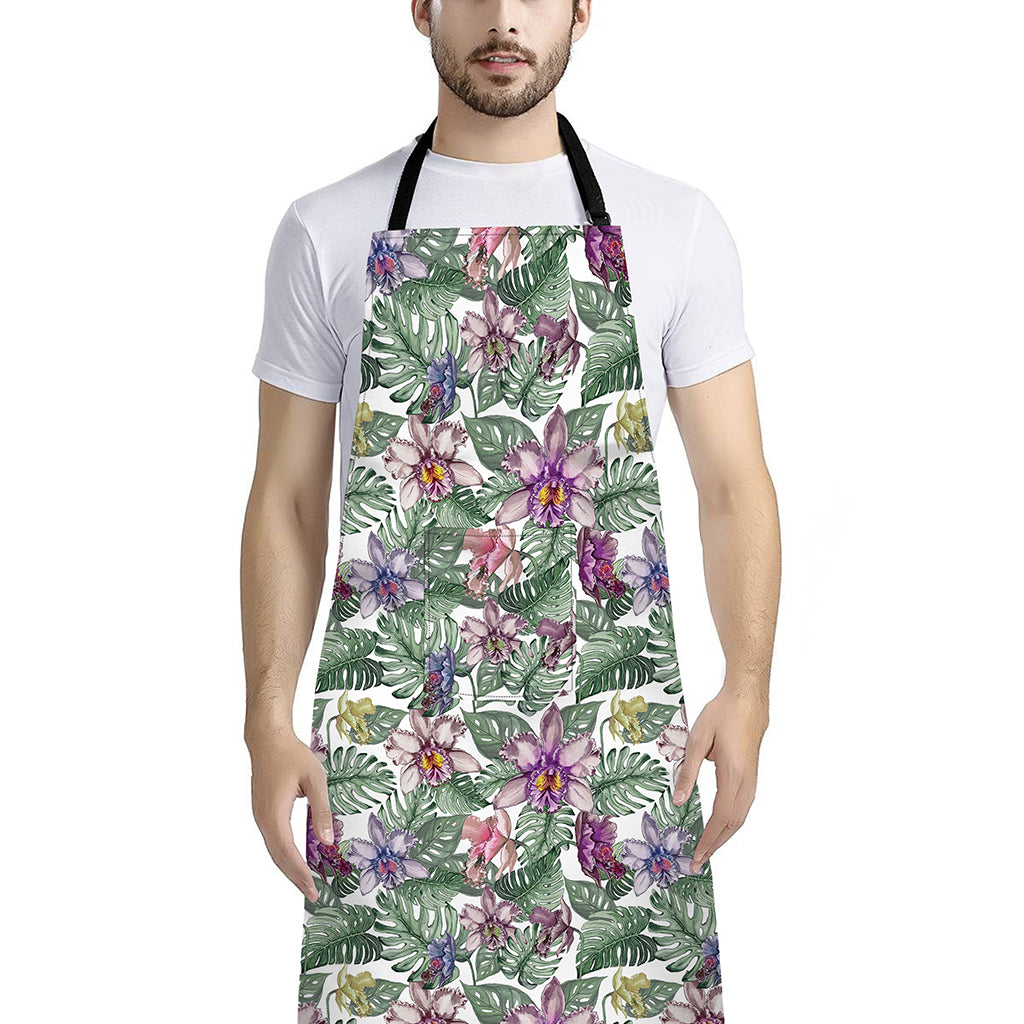 Tropical Cattleya Pattern Print Bib Apron With Pocket