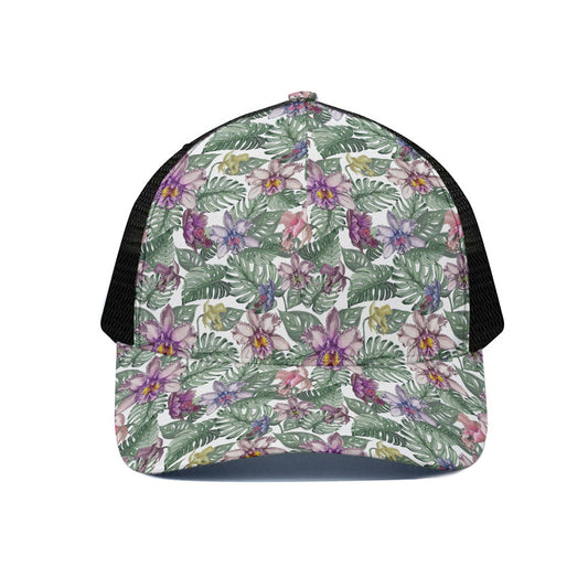 Tropical Cattleya Pattern Print Black Mesh Trucker Cap