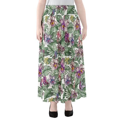 Tropical Cattleya Pattern Print Chiffon Maxi Skirt