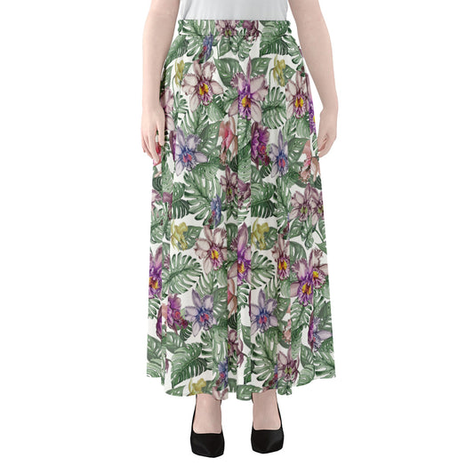 Tropical Cattleya Pattern Print Chiffon Maxi Skirt