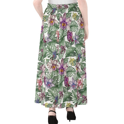 Tropical Cattleya Pattern Print Chiffon Maxi Skirt