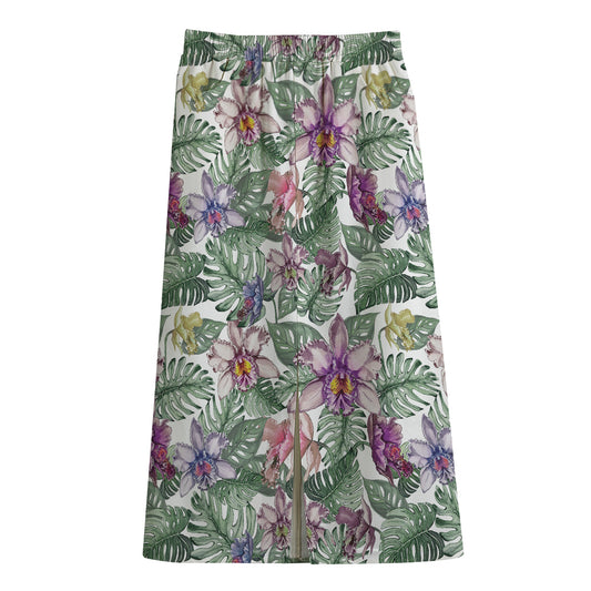Tropical Cattleya Pattern Print Cotton Front Slit Maxi Skirt