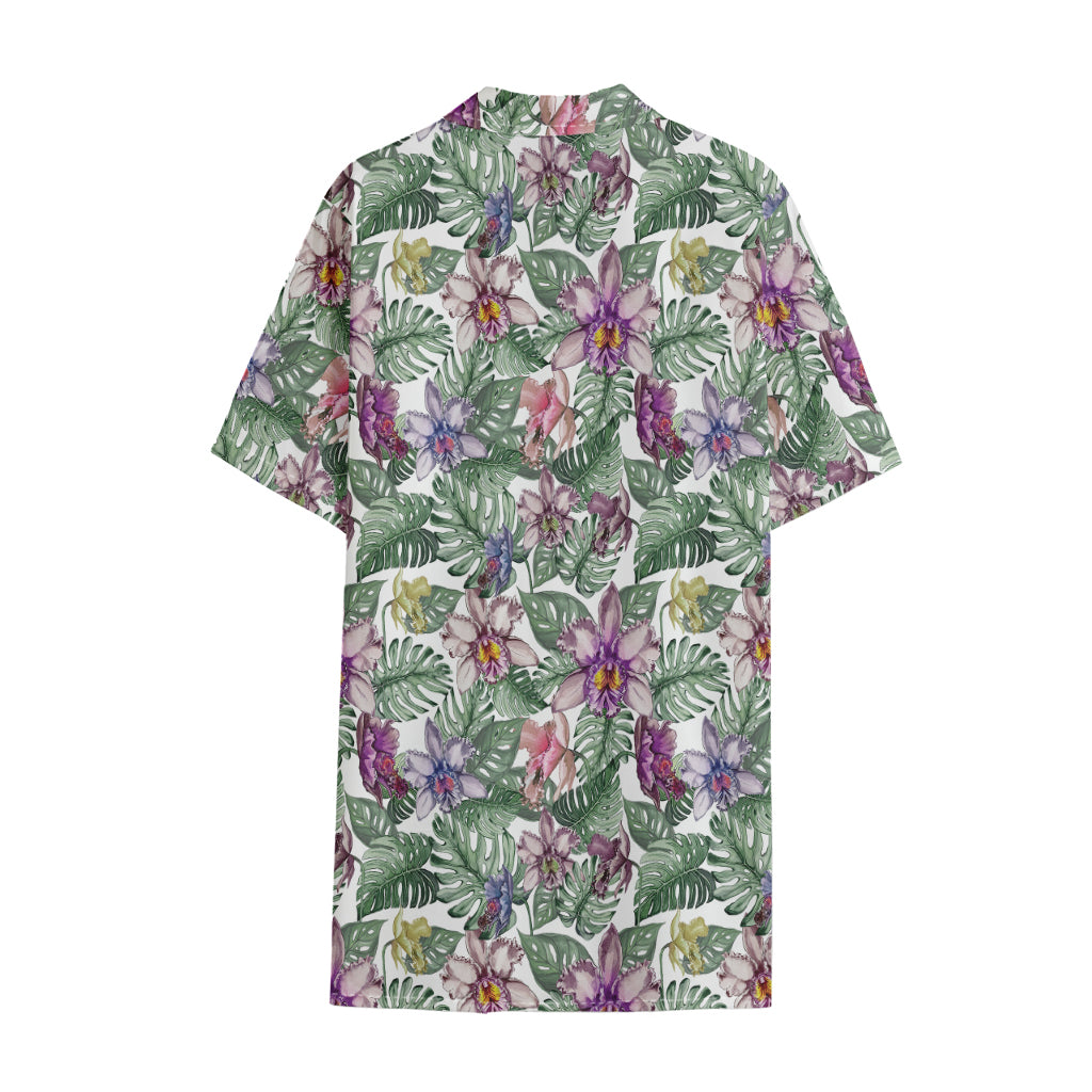 Tropical Cattleya Pattern Print Cotton Hawaiian Shirt