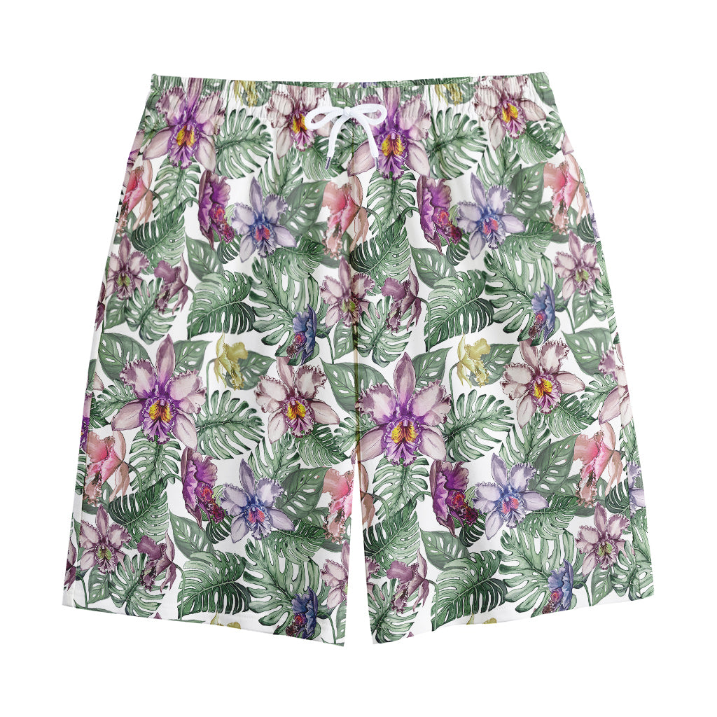Tropical Cattleya Pattern Print Cotton Shorts