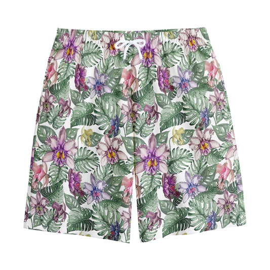 Tropical Cattleya Pattern Print Cotton Shorts