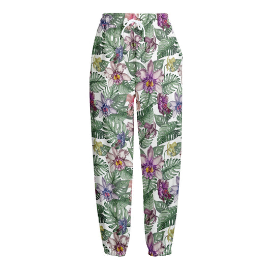 Tropical Cattleya Pattern Print Fleece Lined Knit Pants