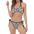 Tropical Cattleya Pattern Print Halter Scoop Tie Side Bikini