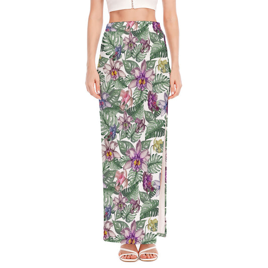 Tropical Cattleya Pattern Print High Slit Maxi Skirt