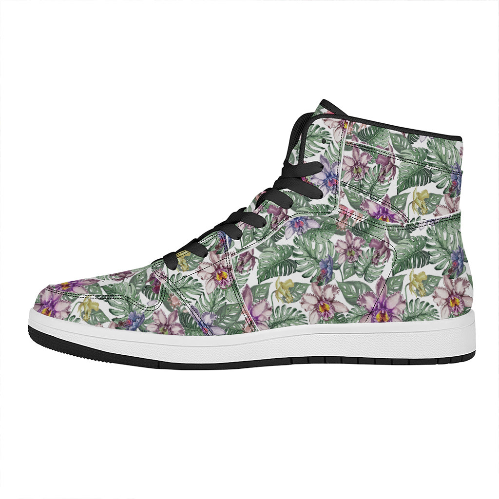 Tropical Cattleya Pattern Print High Top Leather Sneakers