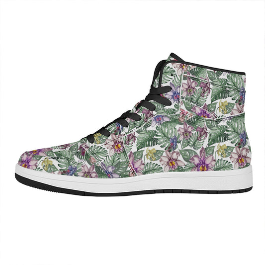Tropical Cattleya Pattern Print High Top Leather Sneakers
