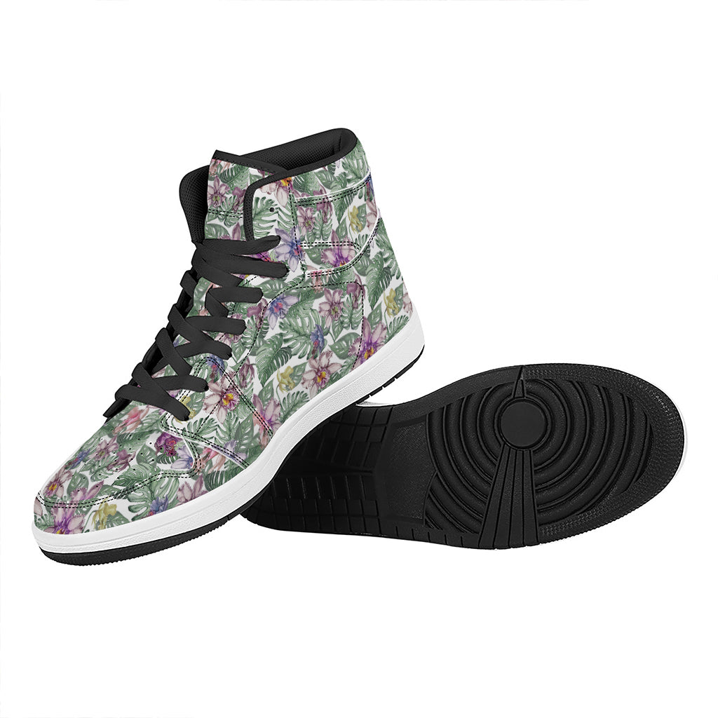 Tropical Cattleya Pattern Print High Top Leather Sneakers