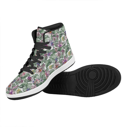 Tropical Cattleya Pattern Print High Top Leather Sneakers