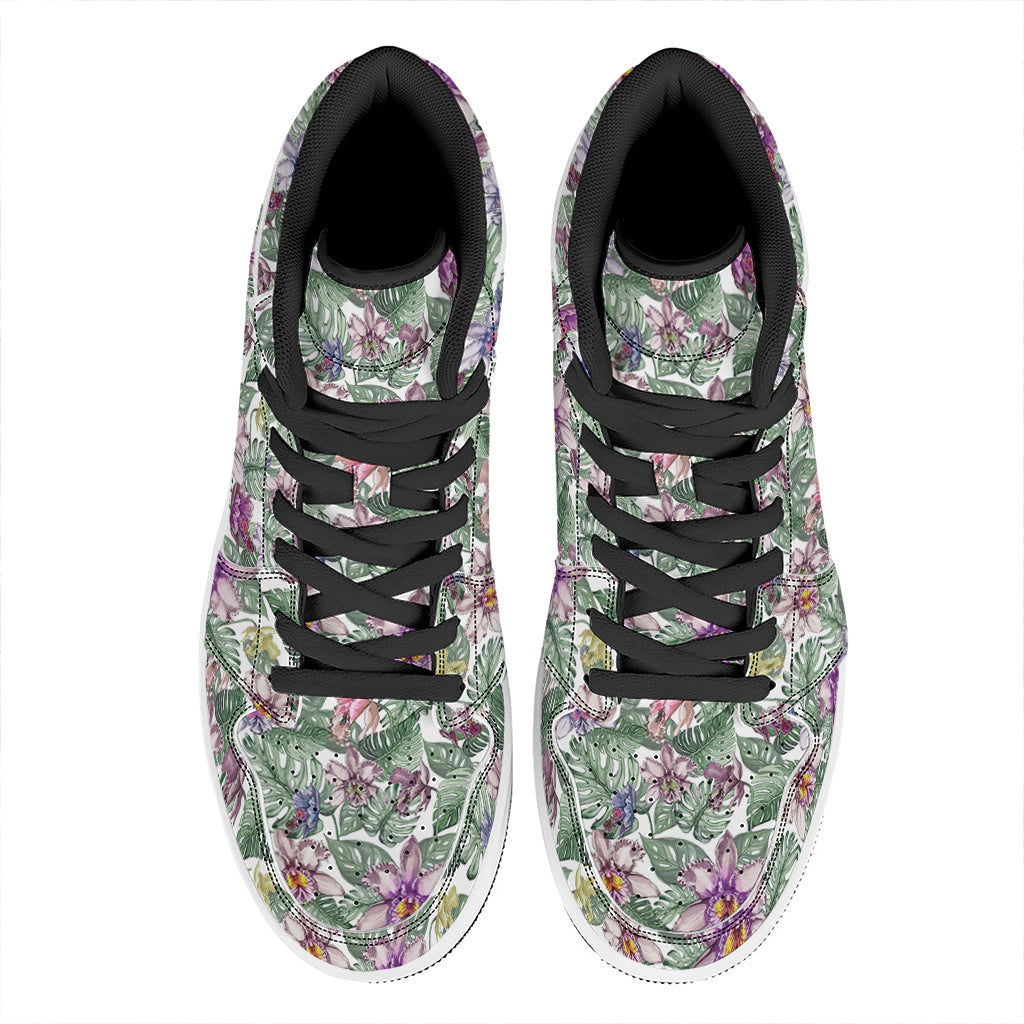Tropical Cattleya Pattern Print High Top Leather Sneakers