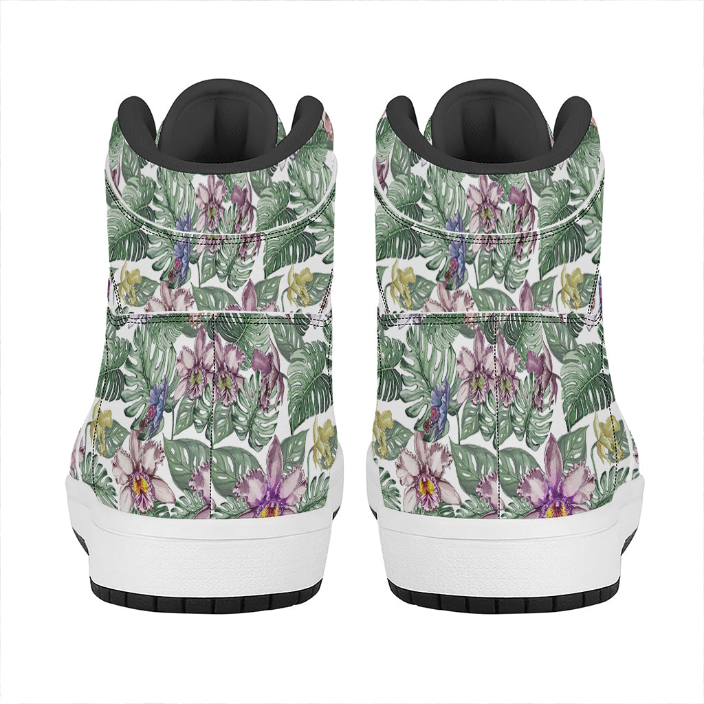 Tropical Cattleya Pattern Print High Top Leather Sneakers