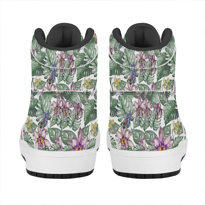 Tropical Cattleya Pattern Print High Top Leather Sneakers