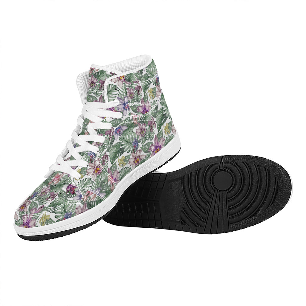 Tropical Cattleya Pattern Print High Top Leather Sneakers