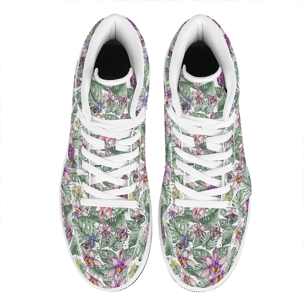Tropical Cattleya Pattern Print High Top Leather Sneakers