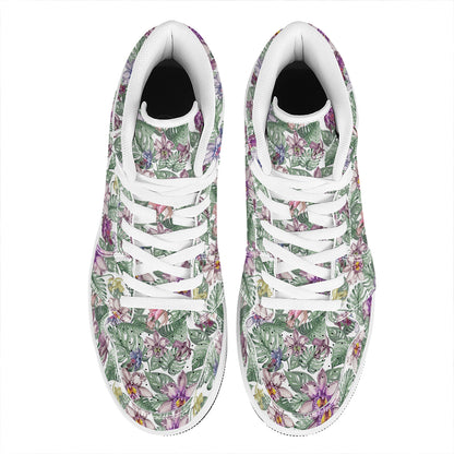 Tropical Cattleya Pattern Print High Top Leather Sneakers