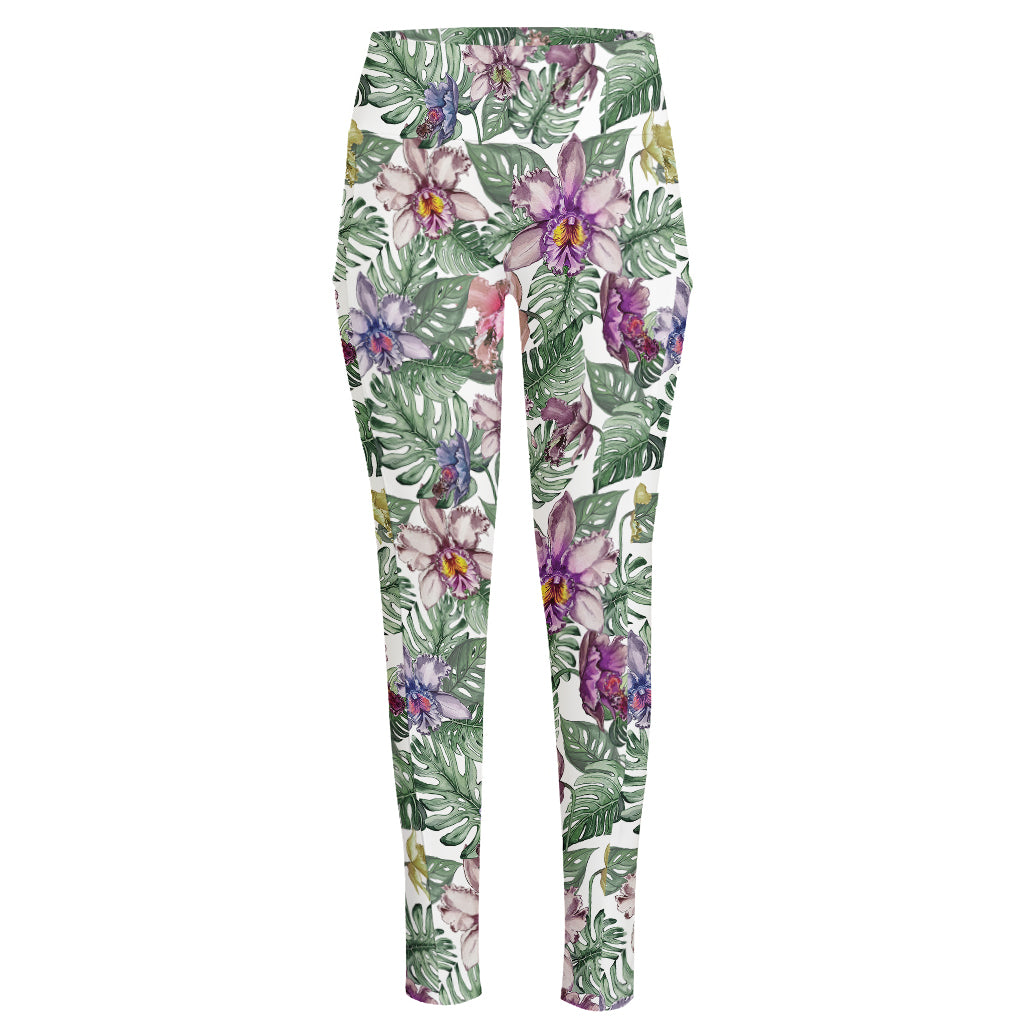 Tropical Cattleya Pattern Print High-Waisted Pocket Leggings