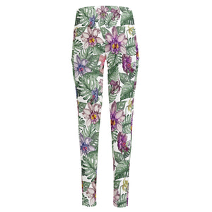 Tropical Cattleya Pattern Print High-Waisted Pocket Leggings