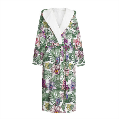 Tropical Cattleya Pattern Print Hooded Bathrobe