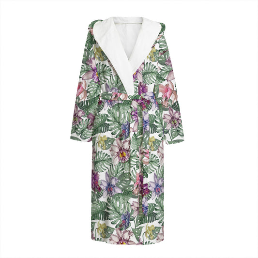 Tropical Cattleya Pattern Print Hooded Bathrobe