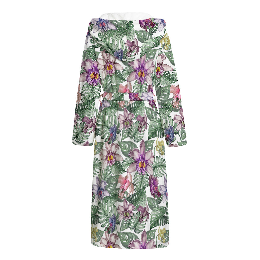 Tropical Cattleya Pattern Print Hooded Bathrobe