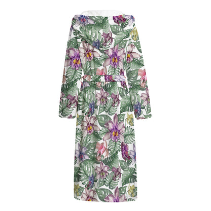 Tropical Cattleya Pattern Print Hooded Bathrobe