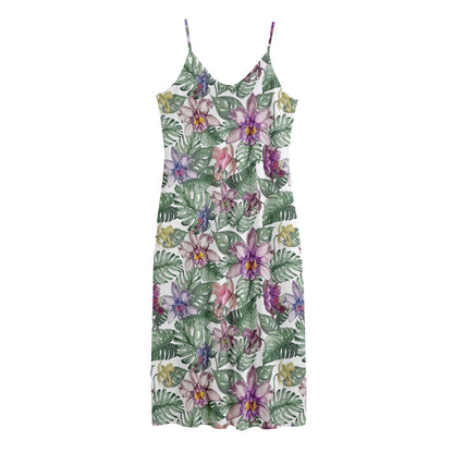 Tropical Cattleya Pattern Print Jersey Midi Cami Dress