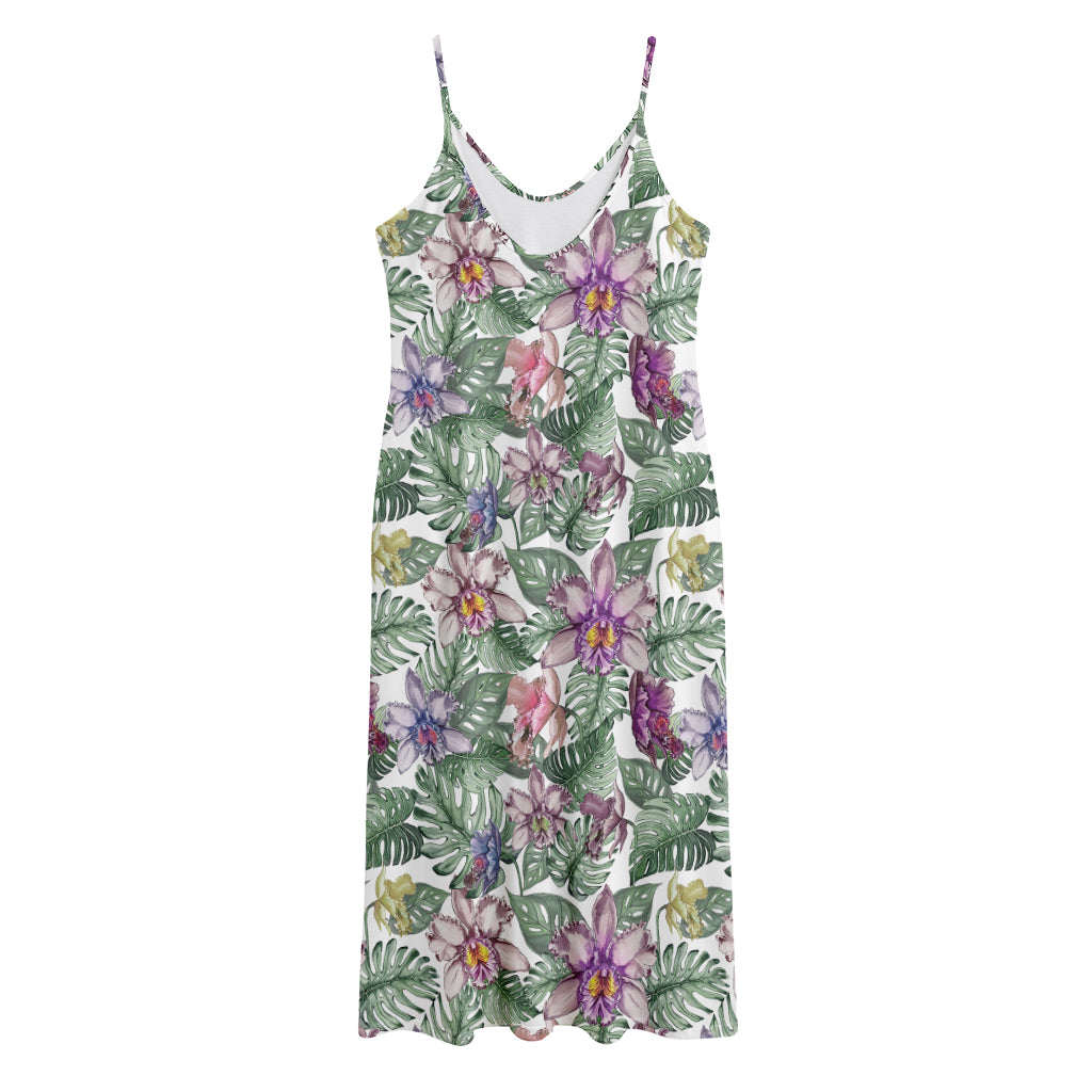 Tropical Cattleya Pattern Print Jersey Midi Cami Dress