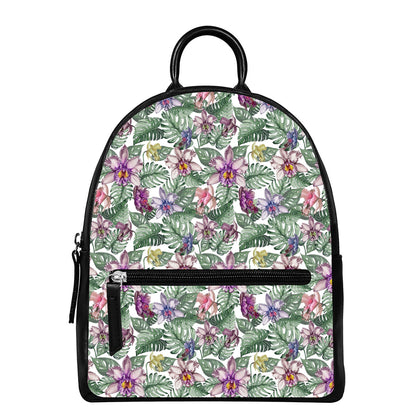 Tropical Cattleya Pattern Print Leather Backpack