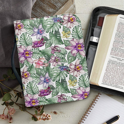 Tropical Cattleya Pattern Print Leather Bible Cover