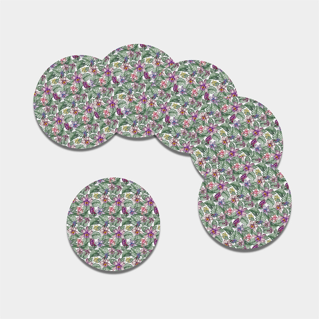 Tropical Cattleya Pattern Print Leather Coaster Set