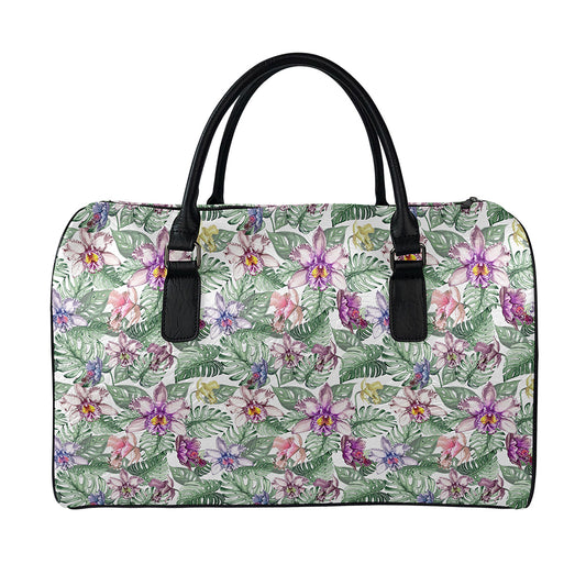 Tropical Cattleya Pattern Print Leather Duffle Bag